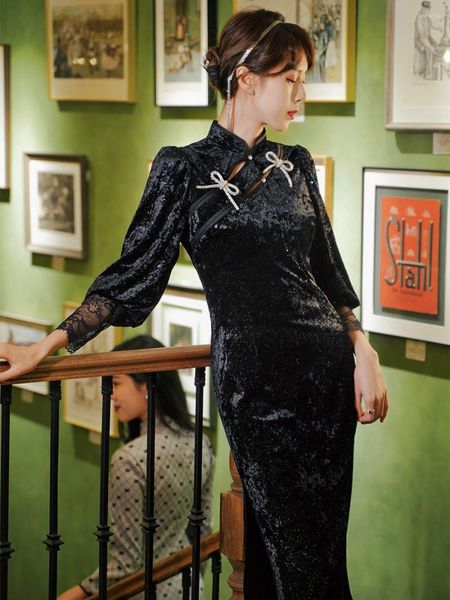Этническая одежда, черное вечернее платье Cheongsam, женское осенне-зимнее платье 2023, высококачественное бархатное платье в китайском стиле
