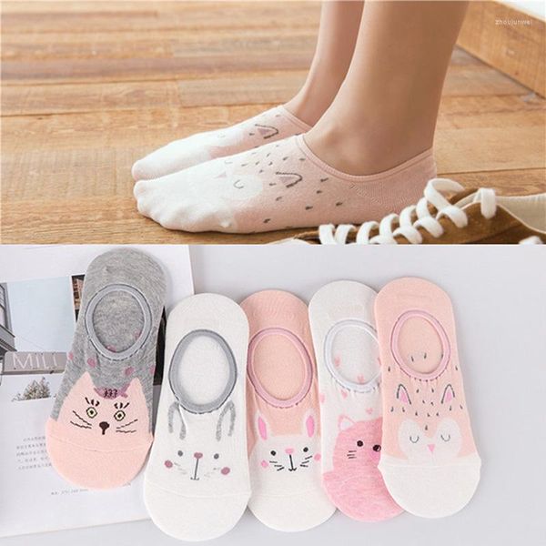 Mulheres meias 5 pares bonito animal algodão feminino rosa kawaii dos desenhos animados verão curto meia chinelos casual macio engraçado barco meia