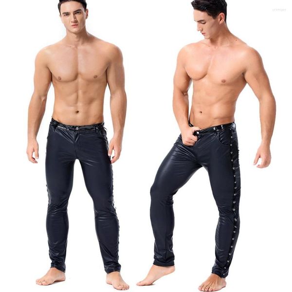 Calças masculinas Sexy Homens Brilhantes Couro Falso Alta Elastic Calças Apertadas Skinny Legging Lápis Fetiche Club Wear