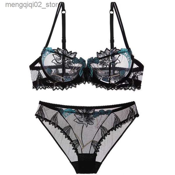 BHs Sets Damen Große Größe Transparent Floral Gestickte Bügel BH Höschen Dessous Ultradünne BH Set 32 34 36 38 B C D Q230922