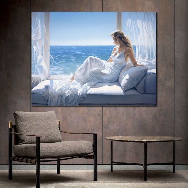 Impressão em tela beleza senhora vestido de casamento pela janela do oceano imagem cartaz para decoração da parede do quarto