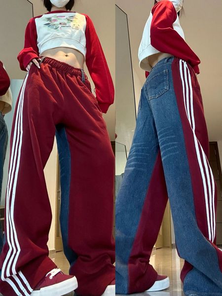 Frauen Jeans Straße Hiphop Seite Gestreiften Spleißen Casual Hosen Frauen Sommer Hohe Taille Lose Abnehmen Breite Bein Trend Hosen 230921