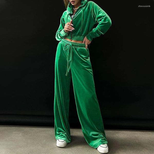 Damen Zweiteilige Hose Damen Samt Kapuze 2 Sets Lässiger Langarmmantel Weites Bein 2023 Winter-Trainingsanzug-Outfits Grüne Sportbekleidung