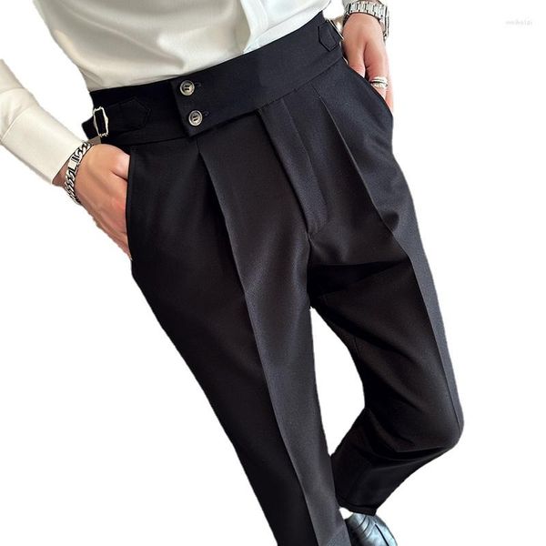 Ternos masculinos cor pura negócios vestido de casamento calças moda design exclusivo masculino cintura ajustável terno calça sem cinto calças finas homme