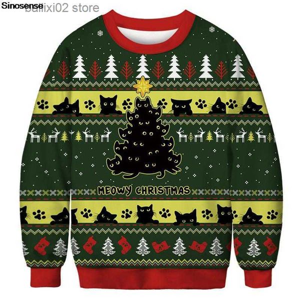 Suéteres femininos Homens Mulheres Suéter Feio de Natal Tacky Xmas Jumper Tops 3D Árvore de Natal Meia Gato Rena Impresso Moletom de Festa de Férias T230922