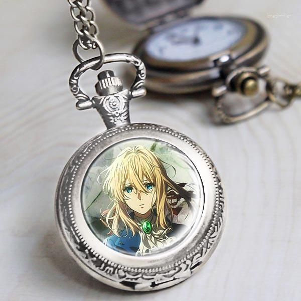 Relógios de bolso Violet Evergarden Watch Homens Mulheres Vintage Pingente Colar Presentes