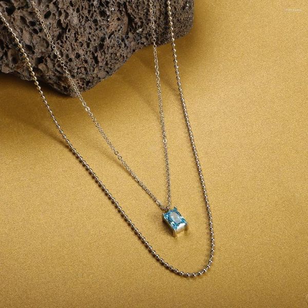 Catene color argento in acciaio inossidabile semplice collana con pendente blu in zircone per donna regalo di gioielli da donna a doppia catena