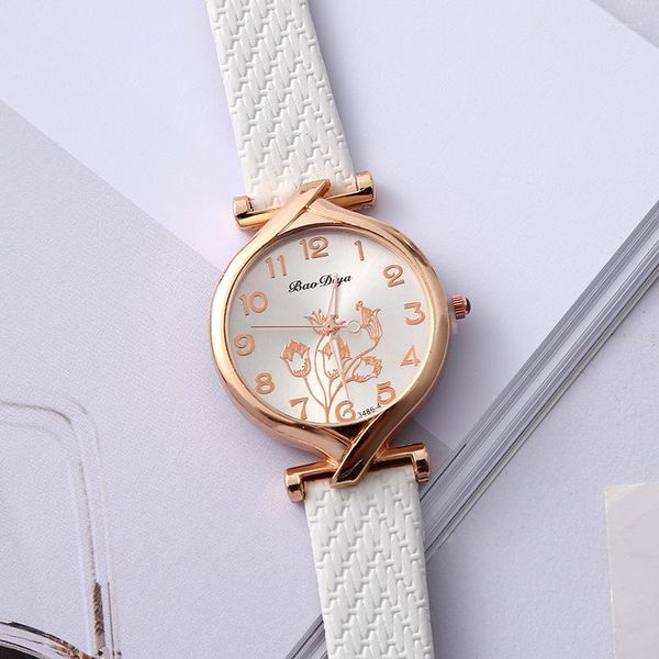 Armbanduhren Sdotter Blumen Frauen Quarzuhren Einfache weibliche Lederarmbanduhr Roségold Zifferblatt Kleid Elegante Damenuhr Mode Geschenk