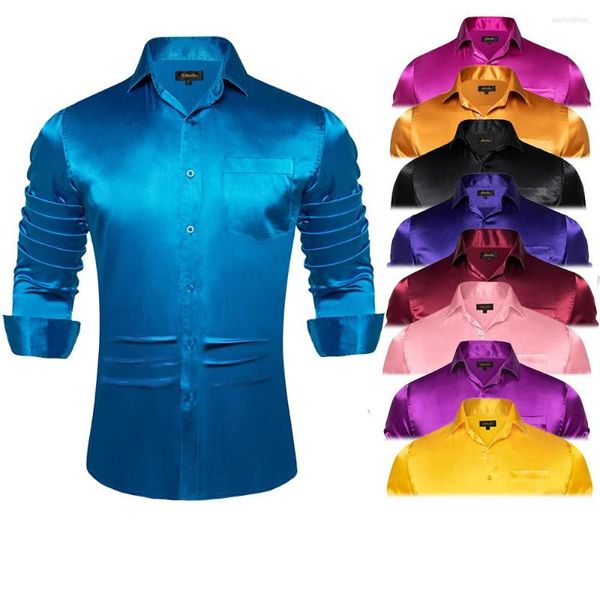 Camisas casuais masculinas azul vermelho branco preto cetim vestido de seda suave homens smoking camisa manga longa festa de casamento roupas de baile