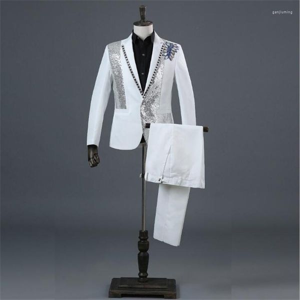 Erkekler Takım Korosu Elmas Damat Erkek Serileri Blazer Boys Prom Mariage Moda İnce Maskulino Son Count Pant Tasarımları Beyaz