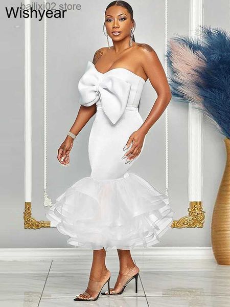 Grundlegende Freizeitkleider für das Jahr, elegant, große Schleife, Organza, Meerjungfrau, Abschlussball, weiße Tops und Midikleid, Set für Damen, Abend, Geburtstag, Cocktailparty-Outfits, T230922