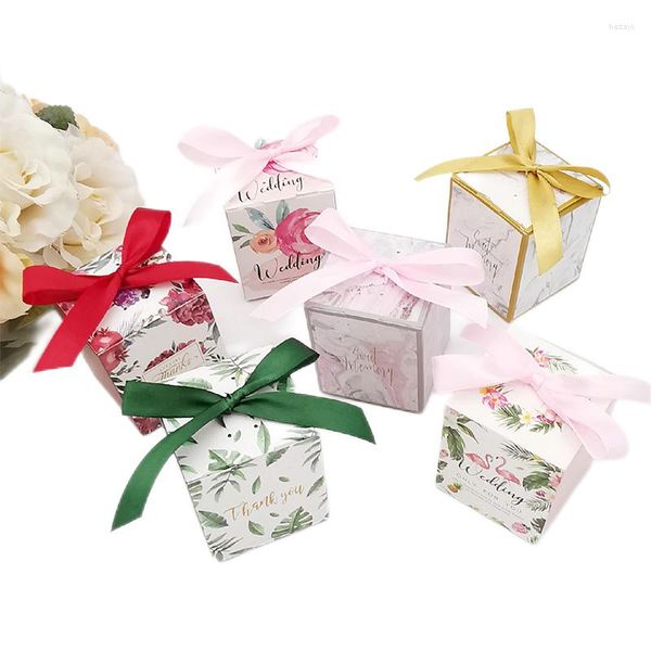 Envoltório de presentes 25/50pcs Caixa de doces de floresta quadrada DIY Dobrável Favor de casamento Presentes Swan Flower Embalagem Saco com fita Fonte de festa de aniversário