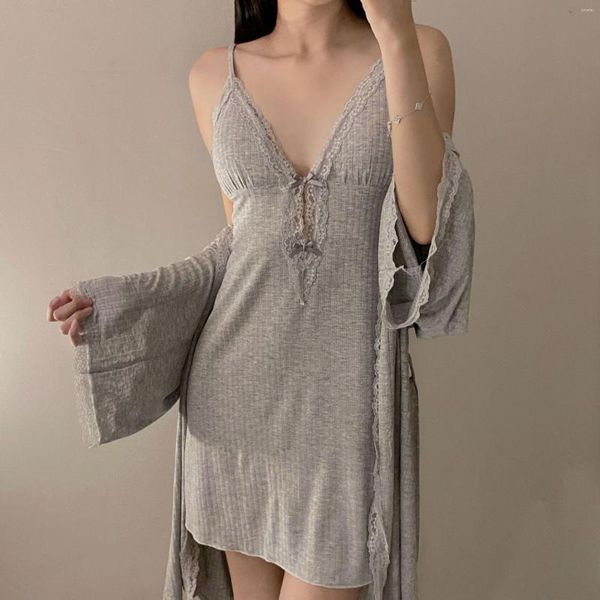Mulheres sleepwear outono inverno modal aconchegante duas peças robe define mulheres sexy nightwear rendas retalhos camisola