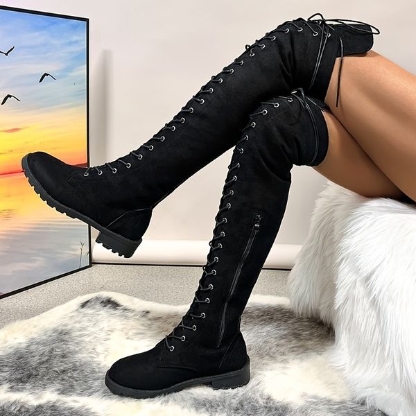 Stiefel für Damen über dem Knie, stilvolle, bequeme Schnürschuhe mit seitlichem Reißverschluss und runder Zehenpartie, klobiger niedriger Absatz 230922