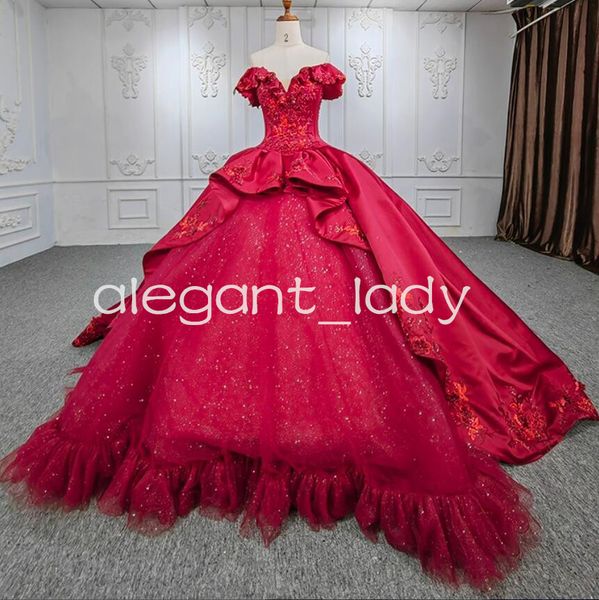 Vinho vermelho quinceanera vestidos princesa fora do ombro gillter saia bordado floral applique espartilho doce 15 robe princesse femme