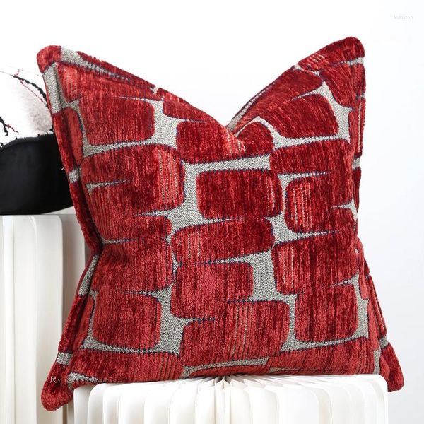 Pillow Luxury Dark Red Art Sofa Decorative Case Modern Geometric Chenille Embroidery Warm Chair Bedding Coussin