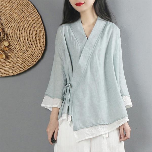 Camisa de linho feminina topos estilo chinês camisa vintage casaco cardigan fada tai chi uniforme tang terno respirável casual hanfu289e