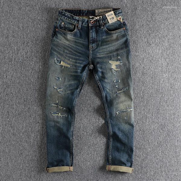 Jeans masculinos selvedge denim para homens roupas buracos remendados retro lavado calças de carga angustiado roll up calças casuais desgaste oversized