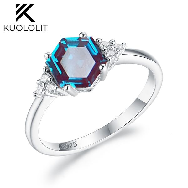 Alyans Kuololit Hexagon Laboratuar Yetiştirildi Alexandrite Taş Katı 925 STERLING Gümüş Kadınlar için Lüks Takı Nişan Hediyesi 230922