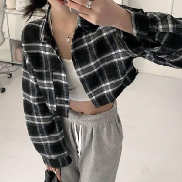 Frauen Blusen 2023 Koreanische Sommer Retro Plaid Polo Kragen Langarm Kurze Strickjacke Casual Sexy Shirt Top Frauen S-XL