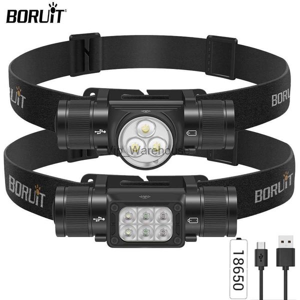 Lampade frontali BORUiT Lampada frontale a LED ad alta potenza Type-C Torcia da pesca ricaricabile Esterna Impermeabile 18650 Torcia da campeggio Lanterna da lavoro HKD230922