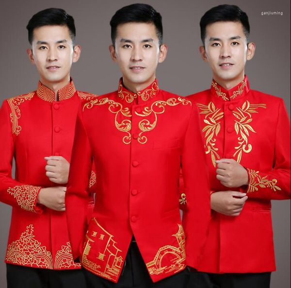 Ternos masculinos coro bordado noivo para homens blazer meninos baile de formatura mariage masculino moda magro masculino mais recente casaco calça projetos vermelho