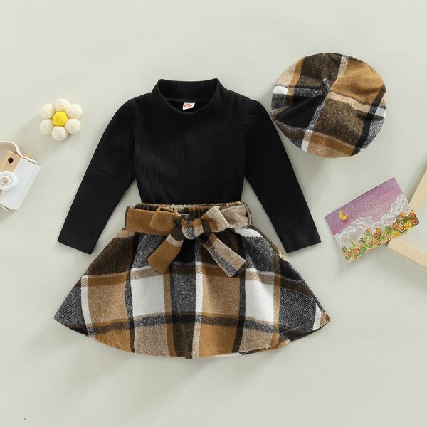 Kleidung Sets Dancewear Kinder Mädchen Herbst Kinder Outfits Solide Gerippte Langarm Mock Neck Tops + Plaid Rock Baskenmütze Hut 3 stücke Set 230922