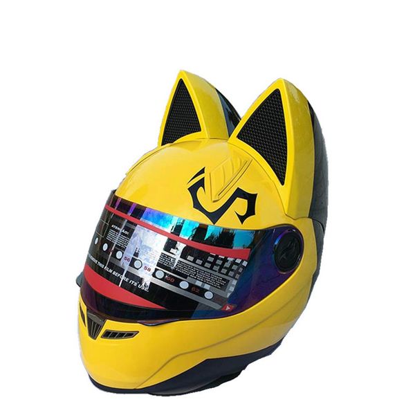 Casco moto NITRINOS integrale con orecchie di gatto colore giallo Casco personalità gatto Casco moto moda per donna267L