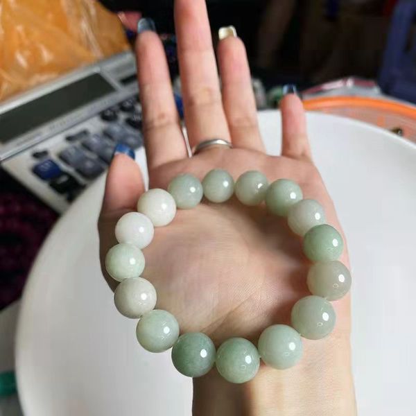 Natürliches Hotan-Jade-Armband, einreihiger Armreif, grüne weiße runde Perle, Jade-Schmuck im Großhandel