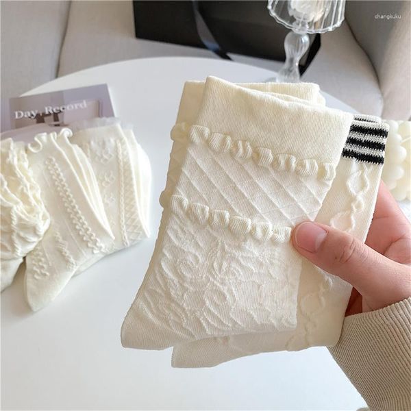 Meias femininas para algodão estilo japonês kawaii simples bonito meninas respirável doce renda moda plissado tripulação branco