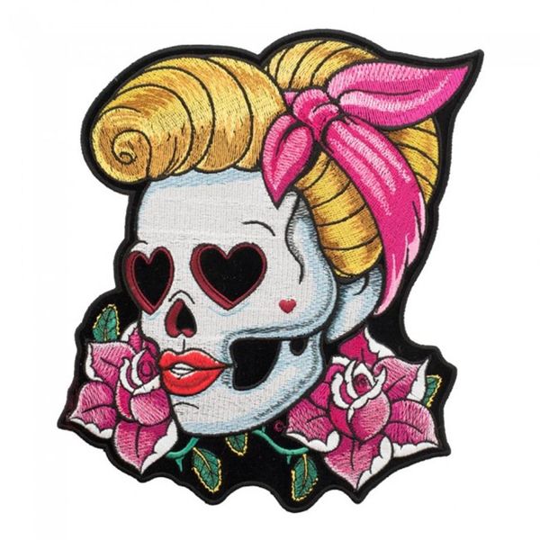 Occhi amorevoli Pin Up Girl Skull Pink Rose Patch Ladies Back ricamato Iron On Patches 7 8 5 POLLICI 268B