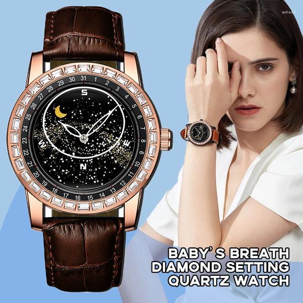 Orologi da polso Orologio al quarzo da uomo Con diamanti incastonati Stelle rotanti Sun Moon Moda donna 3bar Impermeabile Nottilucenti Relogio Masculino