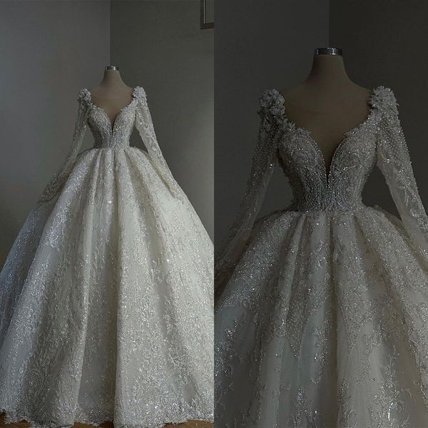 Uma linha vestido de casamento com decote em v lantejoulas apliques manga longa vestidos de noiva feitos sob encomenda inchado vestidos de noiva tamanhos grandes