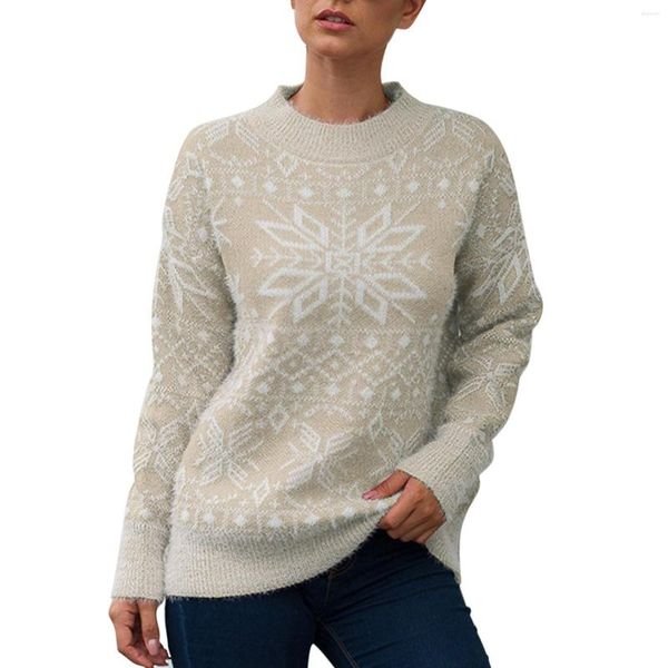 Maglioni da donna Maglione pullover natalizio con fiocchi di neve per donna Top a maniche lunghe con motivo geometrico peloso girocollo autunno e inverno