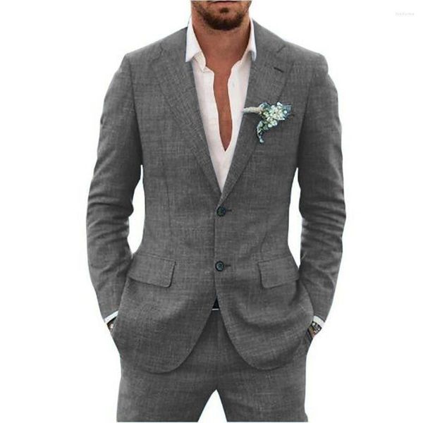 Ternos masculinos slub algodão linho terno terno completo lapela colarinho único breasted 2 peça conjunto elegante homem de alta qualidade blazer