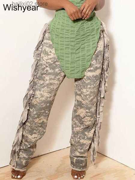 Damenhose, Caprihose, Camouflage-Druck, Baggy-Camouflage-Cargohose für Damen, Vintage-Streetwear, zerrissene Quasten, lose mittlere Taille, gerade Hose T230922