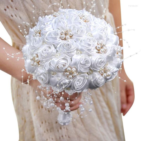 Fiori decorativi O-X723 Nastro di raso crema bianco da sposa con bouquet di cristalli più venduto all'ingrosso