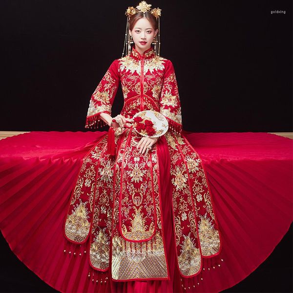 Abbigliamento etnico FZSLCYIYI Ricamo floreale Strass Cinese Sposa Sposo Abito da sposa Cheongsam Elegante matrimonio Abito Qipao