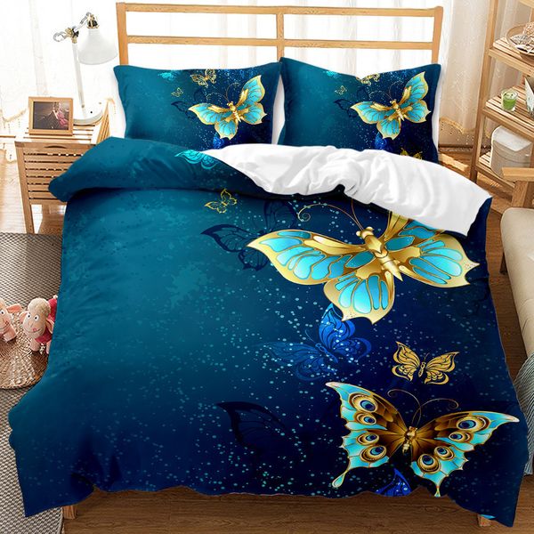 Conjuntos de cama Golden Butterfly Duvet Cover Set King Queen Size Pretty Blue Mulheres Inseto 2/3 Pcs Poliéster Consolador 230921