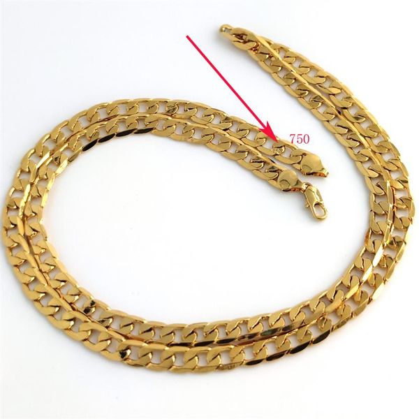 18-каратное желтое золото, наполненное бордюром, кубинское звено, цепочка, ожерелье, итальянская марка, 750, мужская и женская, длина 7 мм, 75 см, хип-хоп309u