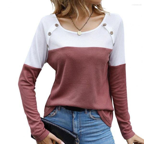 Camicette da donna Top quotidiano da donna Colorblock a maniche lunghe lavorato a maglia girocollo morbido pullover elegante con dettaglio bottoni per i pendolari