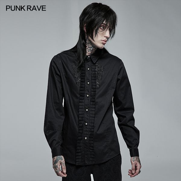 Мужские классические рубашки PUNK RAVE Gothic Повседневная аппликация Микро-эластичная рубашка с длинным рукавом с рюшами Повседневная мужская одежда Черный 230921