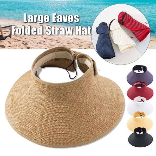 Ampla Brim Chapéus Mulheres Palha Férias Praia Chapéu Verão Menina Dobrável Topless Vazio Arco Sun Visor Grande Sunshade Proteção Cap