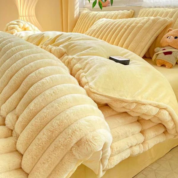 Set di biancheria da letto Set di velluto di alta qualità Set di lusso 4 pezzi Copripiumino invernale morbido e spesso in peluche Lenzuolo e federa in pile di corallo