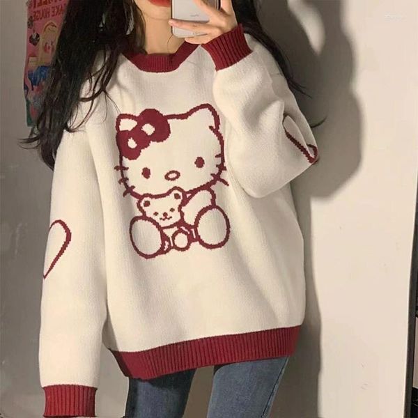 Maglioni da donna Maglione dolce universitario Pullover da ragazza Cartoon Jacquard Girocollo Allentato Autunno Inverno Streetwear giapponese Moda Harajuku