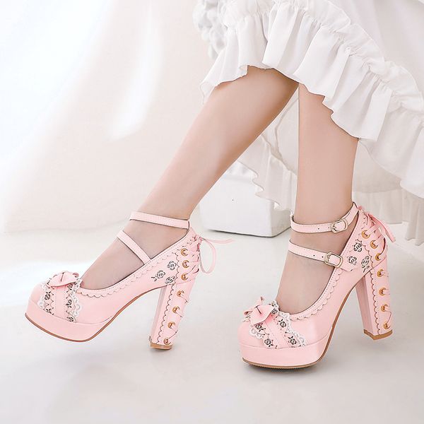 Модельные туфли весна-осень женские винтажные туфли на очень высоком каблуке на платформе в стиле Лолиты с милым кружевом и бантом принцессы Мэри Джейн вечерние женские туфли-лодочки с пряжкой 230921