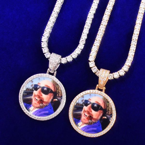 Collana rotonda con foto personalizzata per uomo, medaglioni realizzati con ciondolo con foto, retro solido, placcato in oro, gioielli hip-hop con zirconi LL