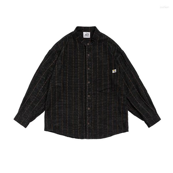 Camisas casuais masculinas preto gótico camisa vintage homens listrado streetwear harajuku manga longa moda botão blusas chemise homme