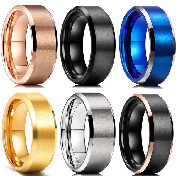 Anéis de cluster 6 cores simples 8mm homens tungstênio anel de carboneto de ouro azul preto acabamento fosco chanfrado borda polida anel de noivado homens casamento banda 230922