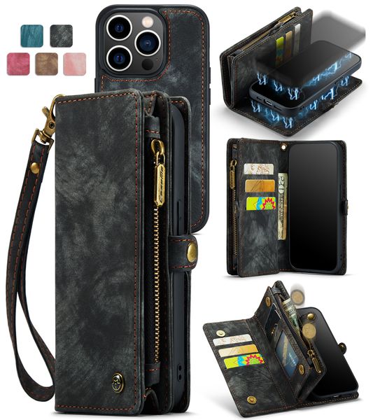 CaseMe Durevole 2 in 1 Custodia a portafoglio staccabile Cover in pelle PU premium con 8 slot per porta carte Custodia con cerniera magnetica Flip Lanyard Strap per iPhone 15 14 13 12 11 Pro Max